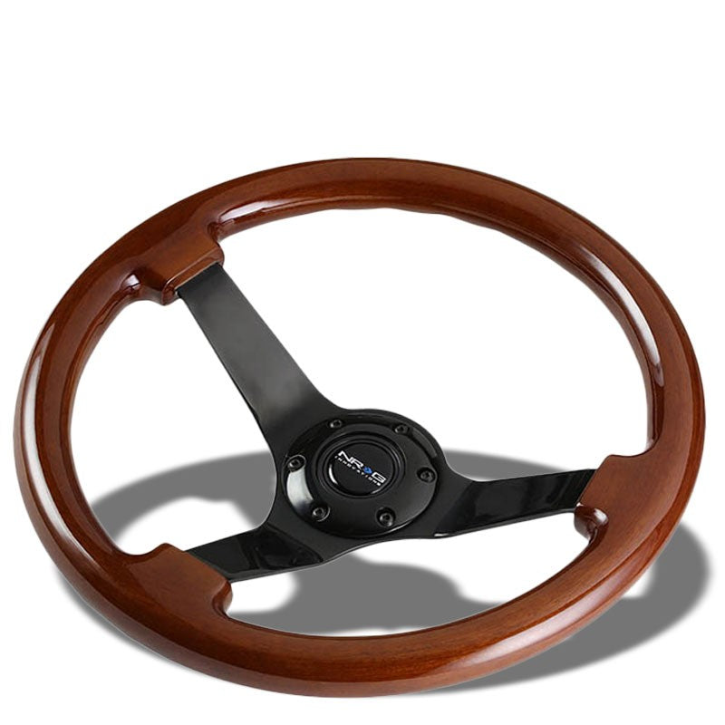 NRG Brown Wood Handle/Black 3 Spokes 3.0" Deep Dish 6-Bolt 350mm Steering Wheel-Interior-BuildFastCar