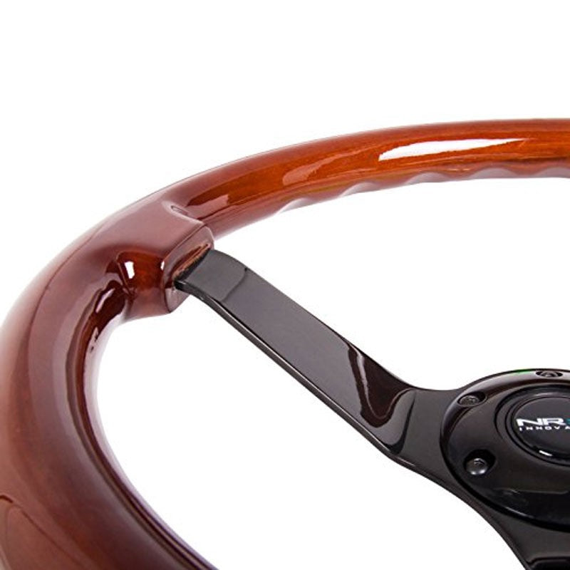 NRG Brown Wood Handle/Black 3 Spokes 3.0" Deep Dish 6-Bolt 350mm Steering Wheel-Interior-BuildFastCar
