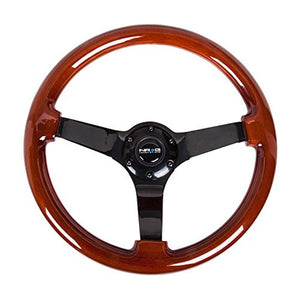 NRG Brown Wood Handle/Black 3 Spokes 3.0" Deep Dish 6-Bolt 350mm Steering Wheel-Interior-BuildFastCar