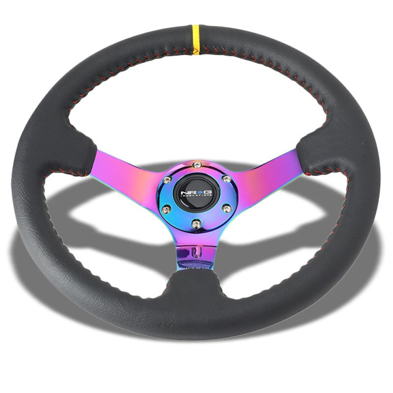 Black/Neo Chrome Spoke Vintage 350mm 3" Deep ST-036MC-Y NRG Steering Wheel+Horn-Interior-BuildFastCar