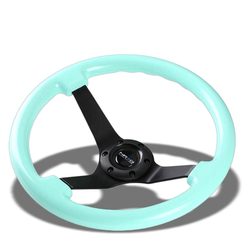 NRG Minty Fresh Wood Grain/Black 3 Spokes Deep Dish 6-Bolt 350mm Steering Wheel-Interior-BuildFastCar