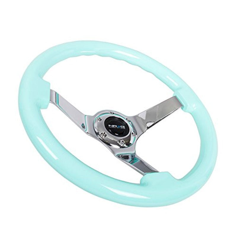 NRG Minty Fresh Wood Grain/Chrome 3 Spokes Deep Dish 6-Bolt 350mm Steering Wheel-Interior-BuildFastCar