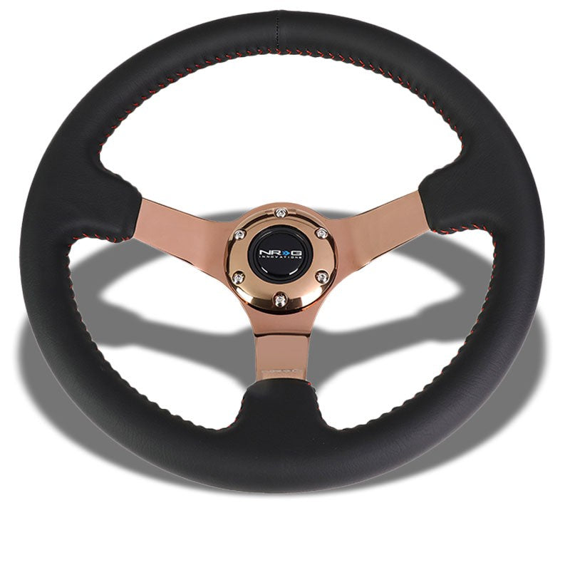 Black Leather/Rose Gold Vintage 350mm 3" Deep ST-036RG NRG Steering Wheel+Horn-Interior-BuildFastCar