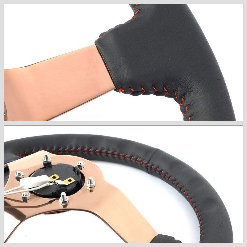 Black Leather/Rose Gold Vintage 350mm 3" Deep ST-036RG NRG Steering Wheel+Horn-Interior-BuildFastCar