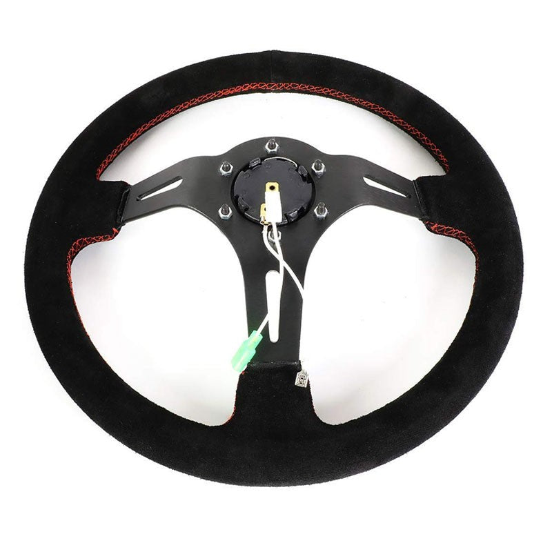 Black Suede/Black Slit Hole 350mm 3" Deep ST-055S-BKRS NRG Steering Wheel+Horn-Interior-BuildFastCar