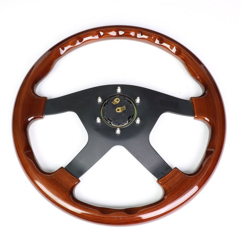 Brown Wood Grain/Black Quad-Spoke 350mm ST-075BK NRG Steering Wheel+Horn Button-Interior-BuildFastCar