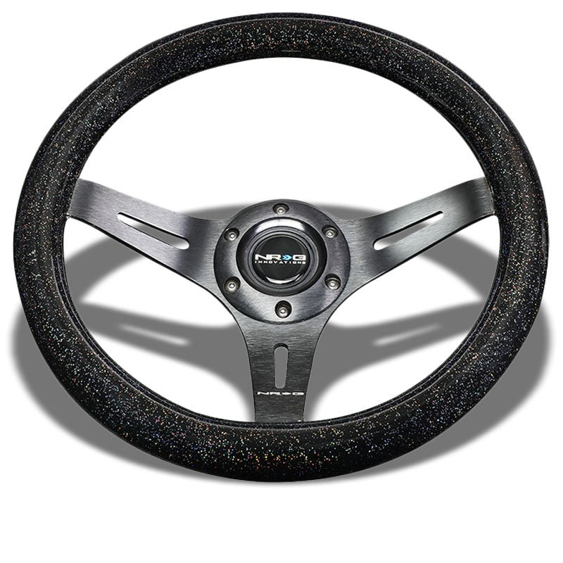 NRG Black Flake Wood Grain/Black Spokes 310mm Slit Holes 3 Spoke 6-Bolt Steering Wheel Horn Button NRG-ST-310BSB-BK