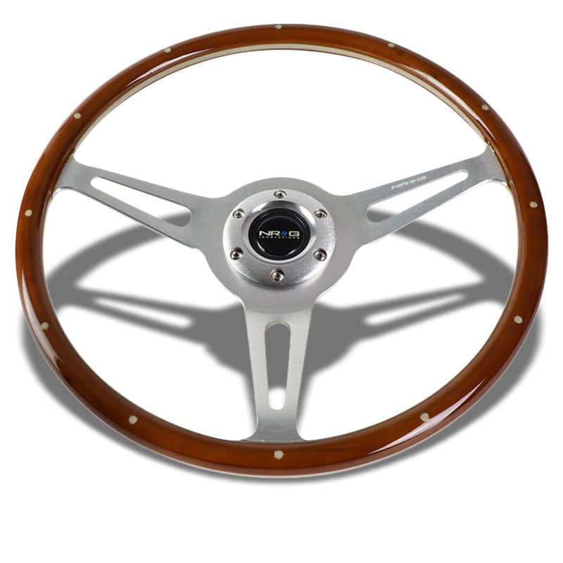 Brown Wood Grain/Silver Slit Holes 365mm ST-380SL NRG Steering Wheel+Horn Button-Interior-BuildFastCar