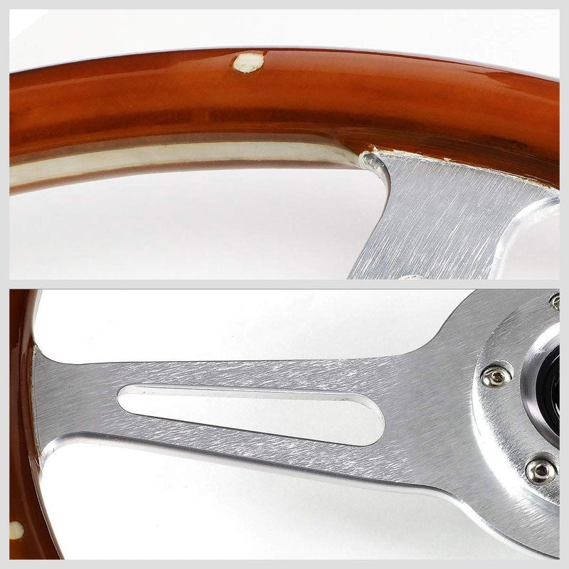Brown Wood Grain/Silver Slit Holes 365mm ST-380SL NRG Steering Wheel+Horn Button-Interior-BuildFastCar