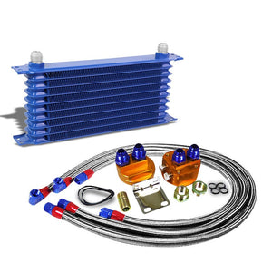 10 Row 10AN Blue Aluminum Engine/Transmission Oil Cooler+Silver Relocation Kit-Performance-BuildFastCar