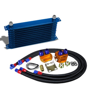 11 Row 10AN Blue Aluminum Engine/Transmission Oil Cooler+Black Relocation Kit-Performance-BuildFastCar
