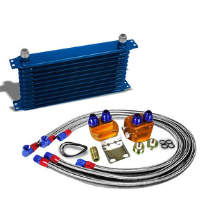 11 Row 10AN Blue Aluminum Engine/Transmission Oil Cooler+Silver Relocation Kit-Performance-BuildFastCar