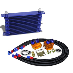 14 Row 10AN Blue Aluminum Engine/Transmission Oil Cooler+Black Relocation Kit-Performance-BuildFastCar
