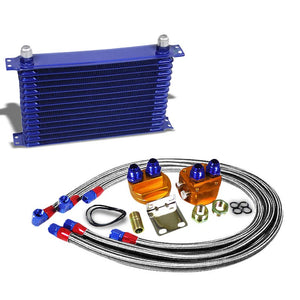 14 Row 10AN Blue Aluminum Engine/Transmission Oil Cooler+Silver Relocation Kit-Performance-BuildFastCar