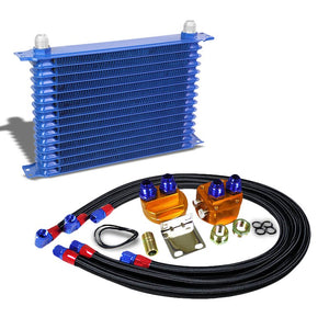 15 Row 10AN Blue Aluminum Engine/Transmission Oil Cooler+Black Relocation Kit-Performance-BuildFastCar
