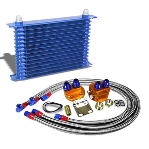 15 Row 10AN Blue Aluminum Engine/Transmission Oil Cooler+Silver Relocation Kit-Performance-BuildFastCar