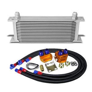 15 Row 10AN Silver Aluminum Engine/Transmission Oil Cooler+Black Relocation Kit-Performance-BuildFastCar