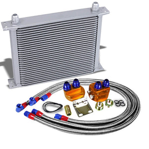 30 Row 10AN Silver Aluminum Engine/Transmission Oil Cooler+Silver Relocation Kit-Performance-BuildFastCar
