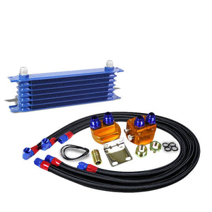 7 Row 10AN Blue Aluminum Engine/Transmission Oil Cooler+Black Relocation Kit-Performance-BuildFastCar