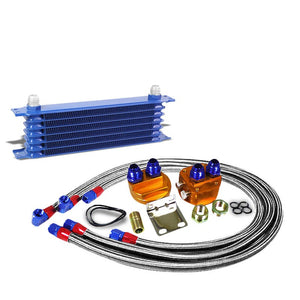 7 Row 10AN Blue Aluminum Engine/Transmission Oil Cooler+Silver Relocation Kit-Performance-BuildFastCar