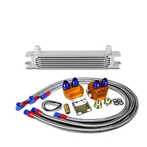 7 Row 10AN Silver Aluminum Engine/Transmission Oil Cooler+Silver Relocation Kit-Performance-BuildFastCar