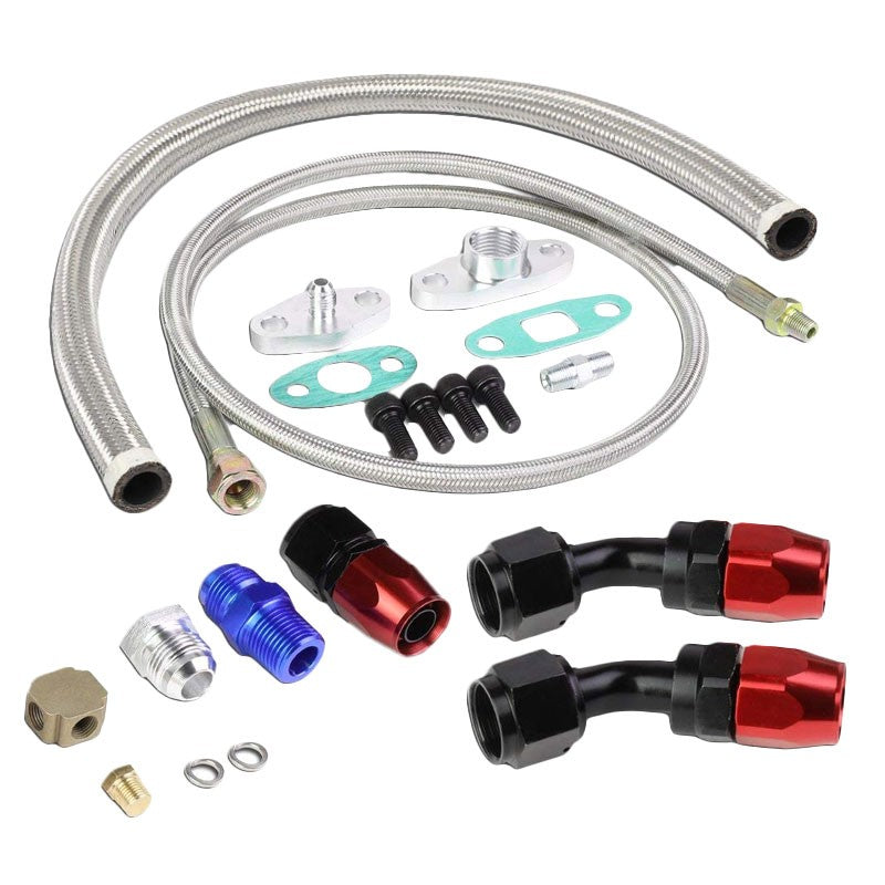 40&quot; SS Braided Turbo Oil Feed Line+Silver Braided Drain Line+Fitting Adapter