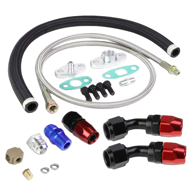 40" Stainless Steel Braided Turbo Oil Feed Line+Black Nylon Braided Drain Line