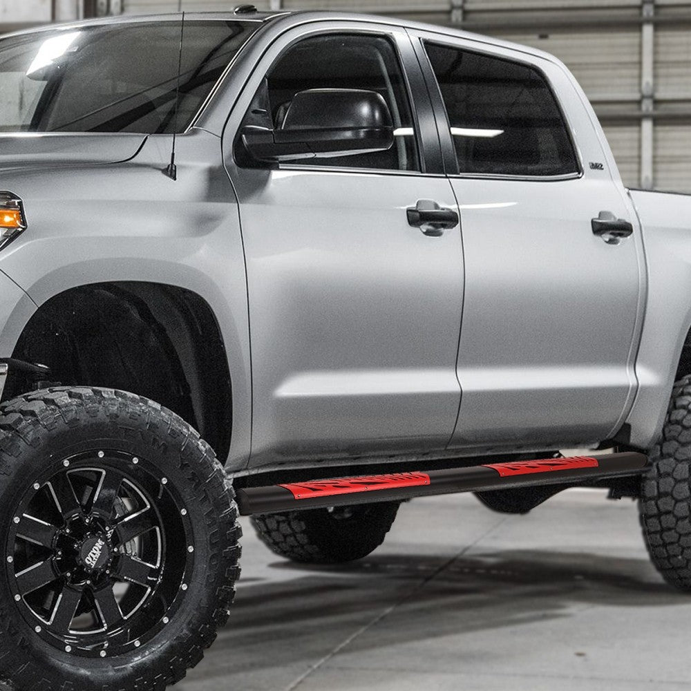 Black/Red Oval Steel Step Pad Running Board Nerf Bar 07-21 Tundra Crew Cab BFC-RUNB-Z-8202-BKRD
