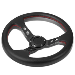 Black Leather/Round Holes Spokes 350mm 3.00" Deep Steering Wheel+Horn Button-Interior-BuildFastCar