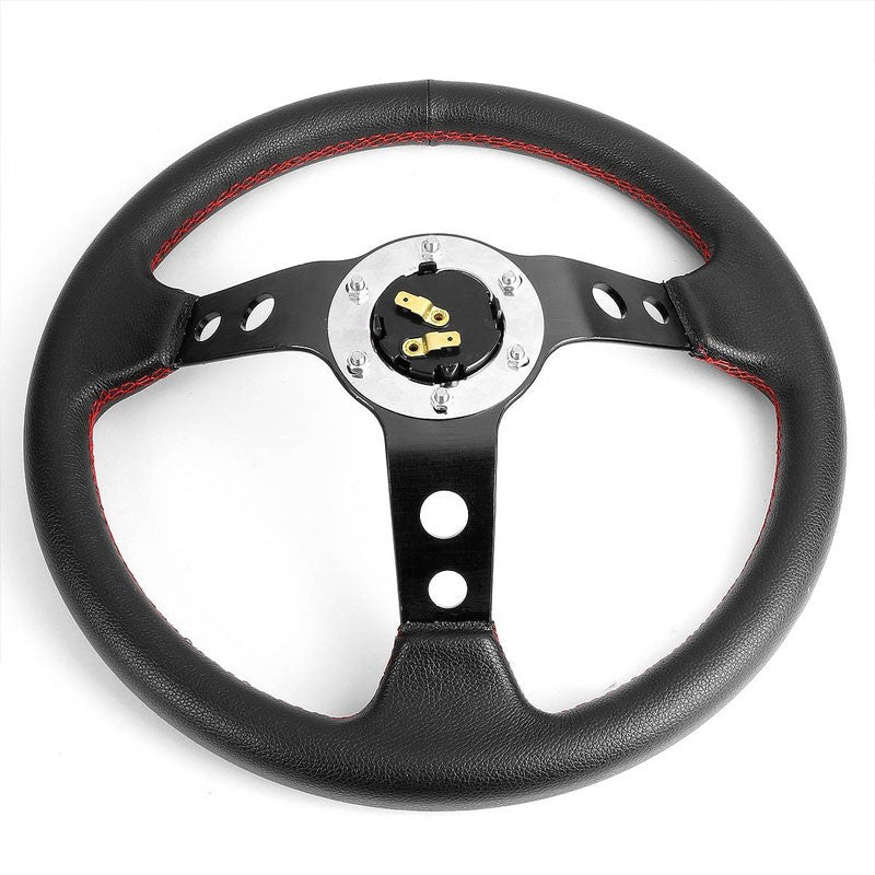 Black Leather/Round Holes Spokes 350mm 3.00" Deep Steering Wheel+Horn Button-Interior-BuildFastCar