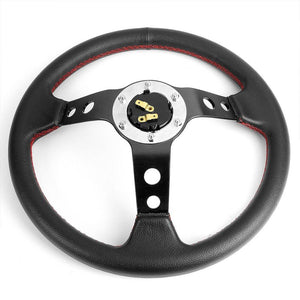 Black Leather/Round Holes Spokes 350mm 3.00" Deep Steering Wheel+Horn Button-Interior-BuildFastCar