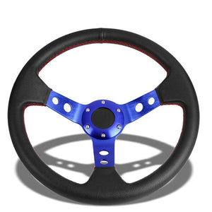 Black Leather/Blue Round Holes Spoke 350mm 3.00" Deep Steering Wheel+Horn Button-Interior-BuildFastCar