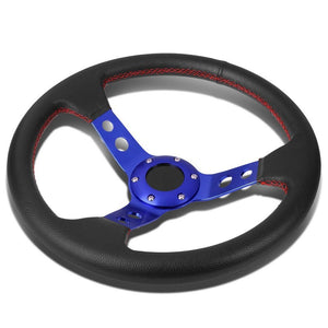 Black Leather/Blue Round Holes Spoke 350mm 3.00" Deep Steering Wheel+Horn Button-Interior-BuildFastCar