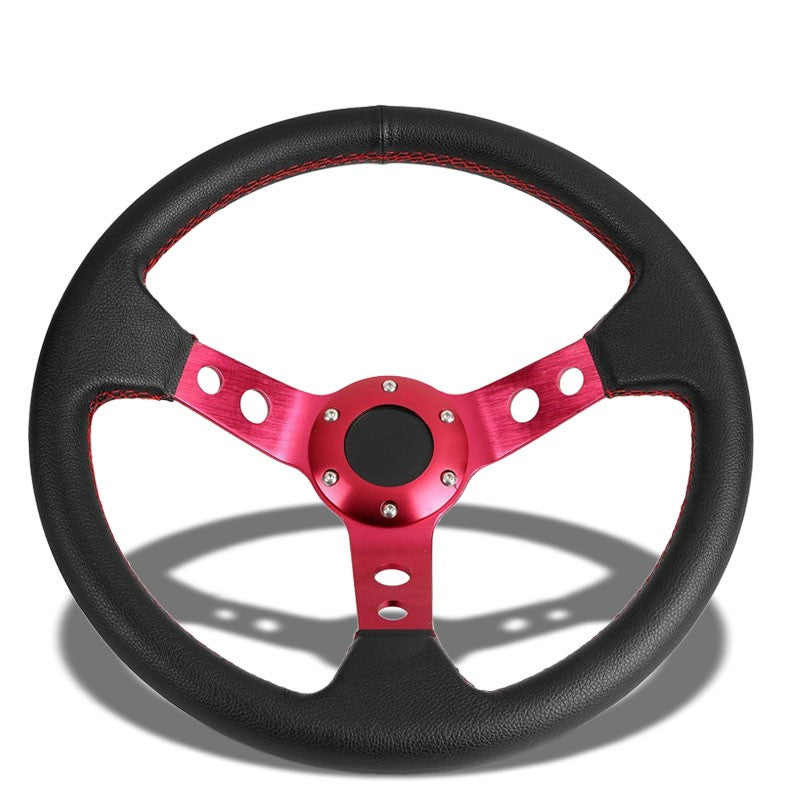 Black Leather/Red Round Holes Spokes 350mm 3.00" Deep Steering Wheel+Horn Button-Interior-BuildFastCar