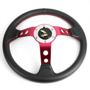 Black Leather/Red Round Holes Spokes 350mm 3.00" Deep Steering Wheel+Horn Button-Interior-BuildFastCar