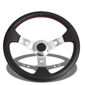 Black Leather/Silver Spokes 350mm 3.00" Deep Dish Steering Wheel+Horn Button-Interior-BuildFastCar