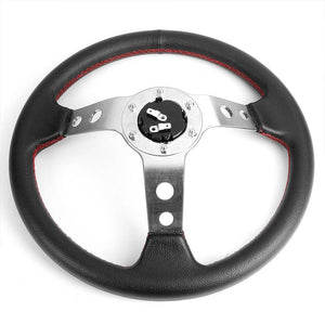 Black Leather/Silver Spokes 350mm 3.00" Deep Dish Steering Wheel+Horn Button-Interior-BuildFastCar