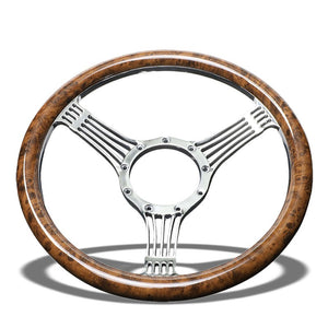 Brown Wood Grain/Chrome Banjo String Spokes 340mm 2.25" Deep Dish Steering Wheel-Interior-BuildFastCar