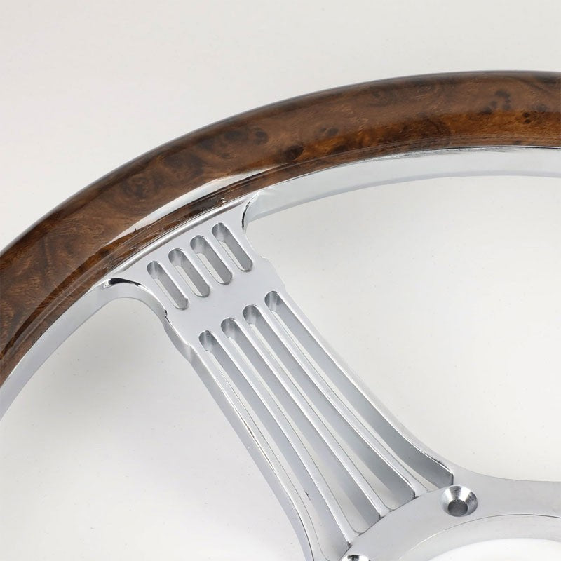 Brown Wood Grain/Chrome Banjo String Spokes 340mm 2.25" Deep Dish Steering Wheel-Interior-BuildFastCar