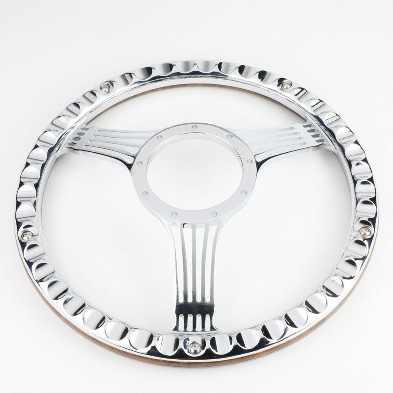 Brown Wood Grain/Chrome Banjo String Spokes 340mm 2.25" Deep Dish Steering Wheel-Interior-BuildFastCar