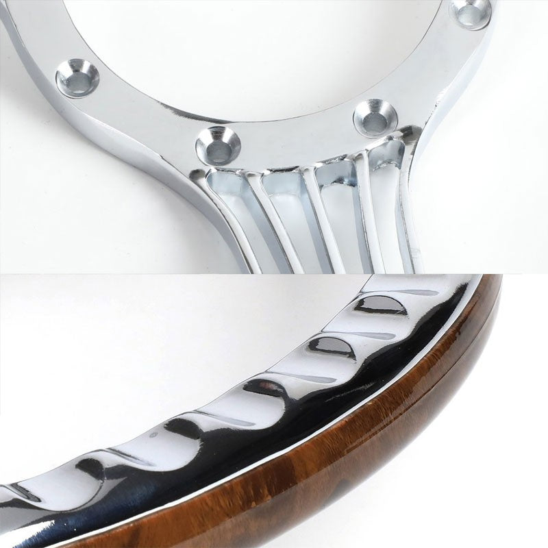 Brown Wood Grain/Chrome Banjo String Spokes 340mm 2.25" Deep Dish Steering Wheel-Interior-BuildFastCar