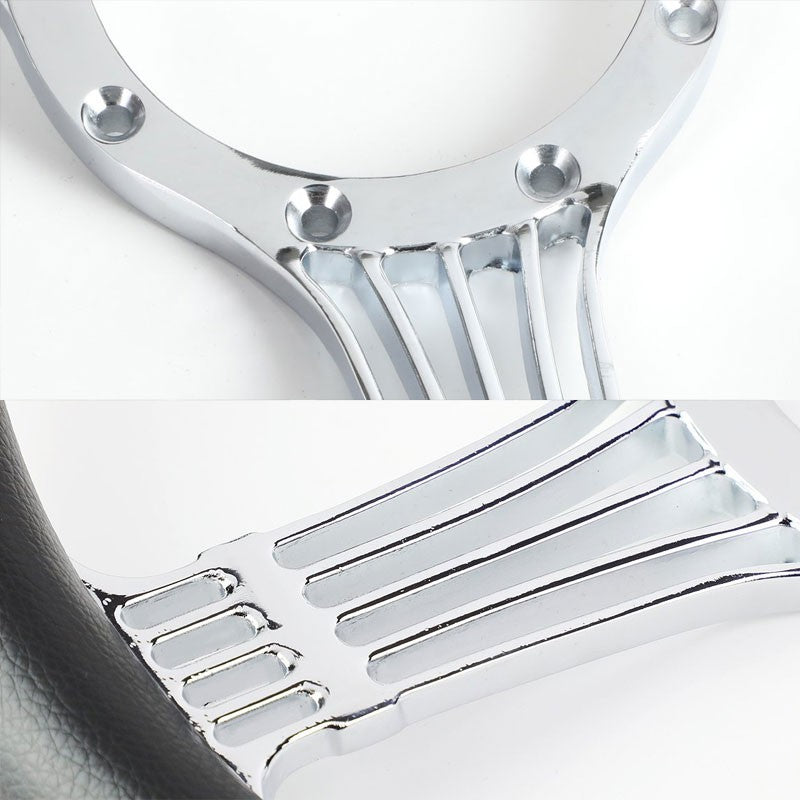 Black Leather/Chrome Banjo String Spokes 340mm 2.25" Deep Dish Steering Wheel-Interior-BuildFastCar