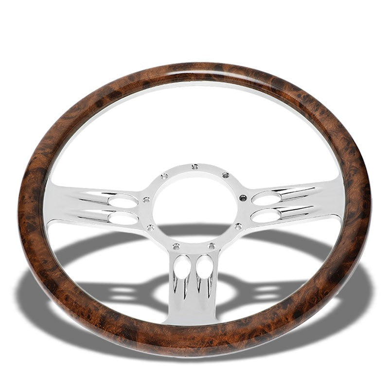Brown Wood Grain/Chrome Banjo Hose Spokes 340mm 2.25" Deep Dish Steering Wheel-Interior-BuildFastCar