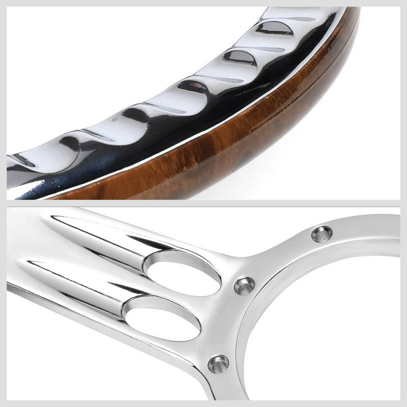 Brown Wood Grain/Chrome Banjo Hose Spokes 340mm 2.25" Deep Dish Steering Wheel-Interior-BuildFastCar