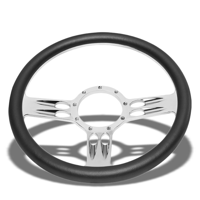 Black Leather/Chrome Banjo Hose Spoke 340mm 2.25&quot; Deep Dish Sport Steering Wheel-Interior-BuildFastCar
