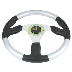 Black Leather Thumb Grip/Silver Spokes/Frame 350mm Steering Wheel+Horn Button-Interior-BuildFastCar
