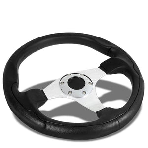 Black Leather Thumb Grip/Silver Spokes 330mm Sport Steering Wheel+Horn Button-Interior-BuildFastCar