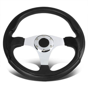 Black Leather Thumb Grip/Silver Spokes 330mm Sport Steering Wheel+Horn Button-Interior-BuildFastCar