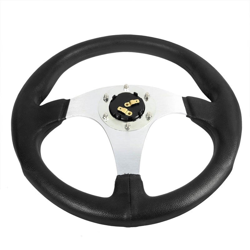 Black Leather Thumb Grip/Silver Spokes 330mm Sport Steering Wheel+Horn Button-Interior-BuildFastCar