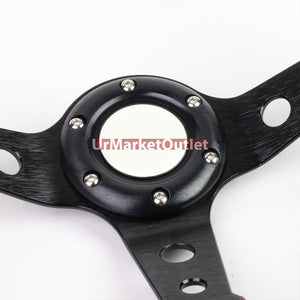 Black Leather/Round Holes Spoke 350mm 3.00" Deep Dish Steering Wheel+Horn Button-Interior-BuildFastCar